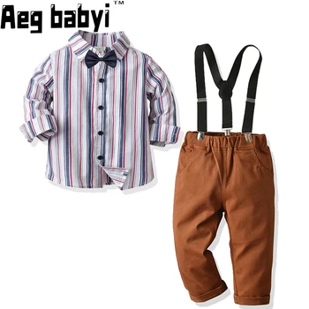 Комплекты одежды для маленьких мальчиков, Новые детские топы в клетку с длинными рукавами и бабочкой для мальчиков + штаны на подтяжках, 3 шт., детские костюмы джентльменов