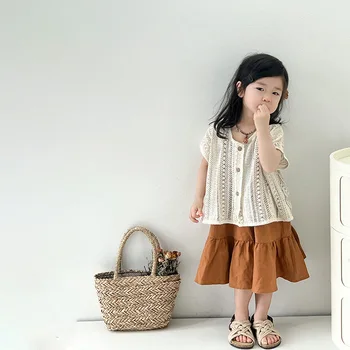 Корейская детская одежда, весенний новый вязаный полый кардиган для девочек, свободный универсальный комплект юбок-комбинаций с оборками