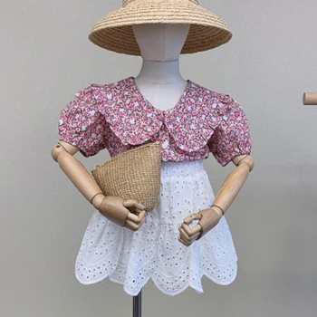 Корейские комплекты одежды для детей и девочек, Летняя рубашка с цветочным рисунком + кружевное платье, 2 шт., комплекты одежды для девочек, наряды, Детские костюмы 3-8 лет