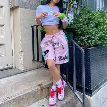 Короткие женские летние уличные шорты в стиле хип-хоп с буквенным принтом, прямые повседневные шорты Y2k с высокой талией.