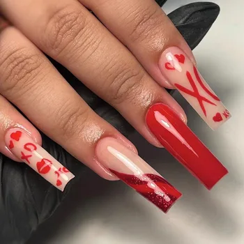 Красный французский носимый дизайн ногтей Красные губы Сердце любви Длинные балетки Съемные готовые накладные ногти Модный пресс на ногти с помощью клея
