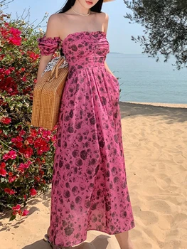 Летнее женское платье с принтом розы 2023, Французское модное женское платье с вырезом лодочкой, приталенное платье трапециевидной формы до середины икры, Vestidos De Mujer