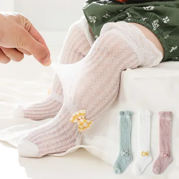 Летние носки для маленьких девочек, Длинные носки с бантом для малышей, детские носки до колена, Мягкая хлопковая сетка, Милый стиль, Дышащие носки для детей 0-3 лет