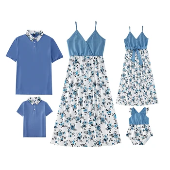 Летние одинаковые платья для мамы и дочки, хлопковые семейные комплекты, одежда для отца / матери / ребенка, Модные рубашки с цветочным воротником