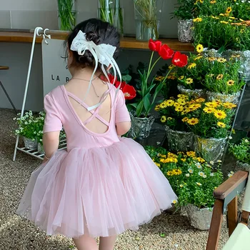 Лето новорожденных девочек мода сетки танец платье 3 цвета с коротким рукавом с открытой спиной пачка