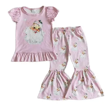 Малышка С Рождеством, Санта, Бутик одежды с пышными рукавами для детей Оптом, Розовый комплект для малышей, Детские Расклешенные брюки