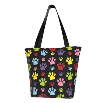 Многоразовая сумка для покупок с красочным рисунком лап, женская холщовая сумка-тоут, переносные сумки для покупок в продуктовых магазинах с отпечатками собачьих лап.