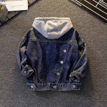 Модная джинсовая куртка для мальчиков, Весна-осень, Новая детская одежда, Съемный дизайн с капюшоном, однотонные топы, повседневная верхняя одежда от 4 до 14 лет B03