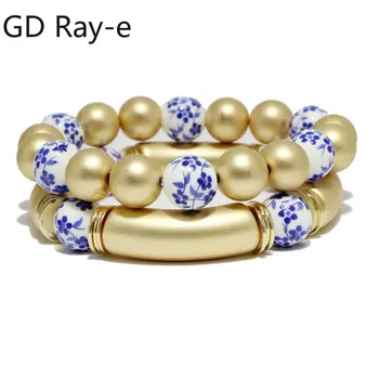 Модный набор браслетов из акриловых синих и белых фарфоровых бусин для женщин, классическая подвеска-шарм, Керамический браслет, ювелирные изделия