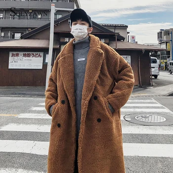 Мужская Зимняя Теплая Длинная куртка из плотной шерсти, Корейское Двубортное пальто Оверсайз, Повседневный Шерстяной Тренч, Плюшевое Свободное пальто Тедди