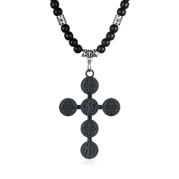 Мужская Крестовина Кулон Ювелирные Изделия Ожерелья для Женщин Медаль Святого Бенедикта Черные Бусы Цепи Ожерелья Христос Подарки MN225