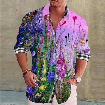 Мужская рубашка Креативный красочный костюм с цветочным рисунком, лацкан, длинный рукав, повседневная мода 2023 года, новый дизайнерский дизайн, мягкий удобный материал