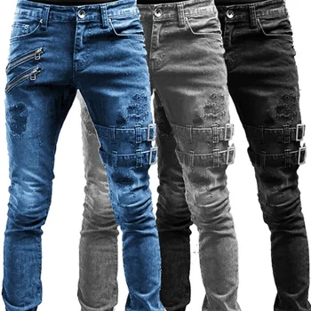 Мужские узкие байкерские рваные Длинные джинсовые брюки, Обтягивающие джинсы, боковые карманы, ремни и молнии, мужские штаны для бега трусцой, разрушенные эластичные брюки