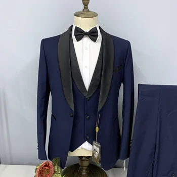 Мужской костюм из 3 предметов, куртка с лацканами, брюки, жилет, новинка 2023 года, популярный однотонный официальный свадебный смокинг для жениха, приталенный, высокого класса,