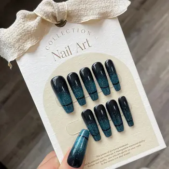 Накладные ногти ручной работы с синим корейским рисунком кошки с длинными глазами, многоразовые клейкие накладные ногти, полностью покрывающие кончики ногтей, 3D Очаровательный дизайн