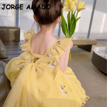 Новое летнее платье в корейском стиле с короткими расклешенными рукавами, открытой спиной, бантом, квадратным воротником, платье принцессы, детская одежда E7500