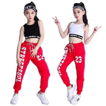 Новый классный детский костюм для джазовых танцев для девочек, повседневная одежда для уличных танцев в стиле хип-хоп, укороченный топ, жилет, красные штаны для бега трусцой, спортивная одежда