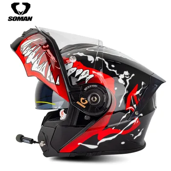 Новый мотоциклетный Bluetooth-шлем SOMAN с двойным объективом, мотоциклетный полный шлем стандарта ЕСЕ 965 Bluetooth-шлем