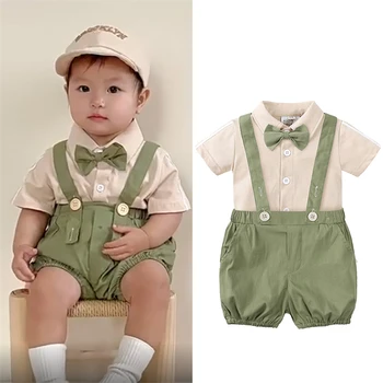 Одежда для маленьких мальчиков, Летние джентльменские костюмы на День рождения, праздничное платье для новорожденных, мягкие хлопковые однотонные брюки с поясом, комплект для малышей