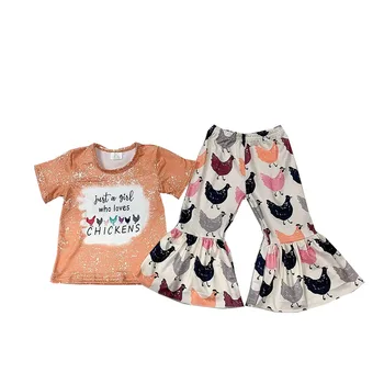 Оптовая продажа детской футболки с короткими рукавами и надписью, топа и расклешенных штанов, комплектов детской одежды для маленьких девочек, нарядов Happy Chicken