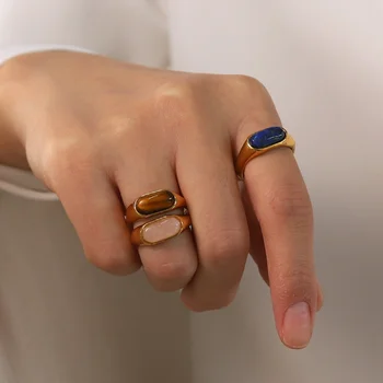Особый дизайн в стиле INS, инкрустированное натуральным камнем кольцо из нержавеющей стали, женское кольцо, женское кольцо