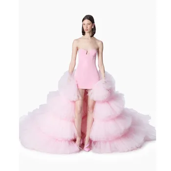 Очаровательные розовые платья для выпускного вечера с высокой посадкой и верхней юбкой Из многоярусного тюля, Съемный шлейф, Свадебные платья, Вечернее платье