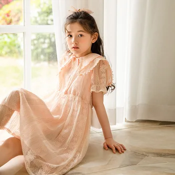 Платье принцессы для девочек, лето 2022, Новая детская Корейская одежда с жемчужными кружевными рукавами от 4 до 14 лет