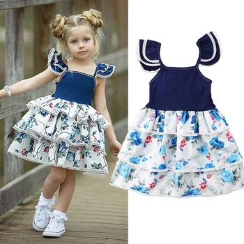 Платья для девочек, детские летние платья 2023, новый слинг с развевающимися рукавами, юбка-торт, платье принцессы с цветочным рисунком для маленьких девочек, детская одежда