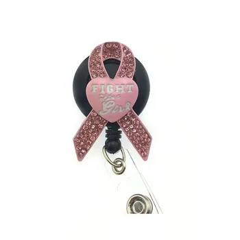 Розовая лента для рака молочной железы, держатель для удостоверения личности со стразами, выдвижная катушка