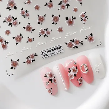 Розово-белые цветы, 5D Мягкие рельефы с тиснением, Самоклеящиеся наклейки для дизайна ногтей, Нежные 3D наклейки для маникюра Оптом