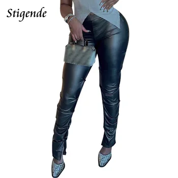 Сексуальные брюки из искусственной кожи с разрезными штанинами и рюшами, женские брюки из искусственной кожи, черные наборные брюки, женские Тонкие облегающие эластичные леггинсы