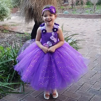 Фиолетовое блестящее платье-пачка с цветочным рисунком для девочек, детские вязаные крючком тюлевые платья, бальное платье с повязкой на голову, детское платье для свадебной вечеринки