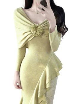 Французское темпераментное платье с V-образным вырезом и оборками, сексуальное платье с нежным узлом