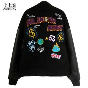 Хип-хоп Бейсбольные куртки Мужские С вышивкой буквами в стиле Пэчворк Harajuku Университетская куртка Harajuku Панк Черные пальто Унисекс Осень 2021 г.