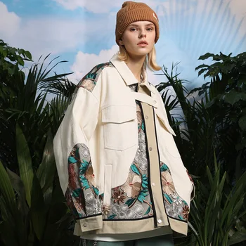 Хлопчатобумажные куртки в стиле Харадзюку, женская цветочная вышивка, Лоскутная мужская куртка, повседневная Университетская Винтажная ветровка, Уютная уличная одежда