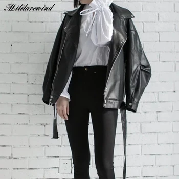Черная кожаная куртка в стиле BF, женское пальто, куртка из искусственной кожи, Женские свободные пояса, повседневные байкерские куртки, верхняя одежда, женские топы