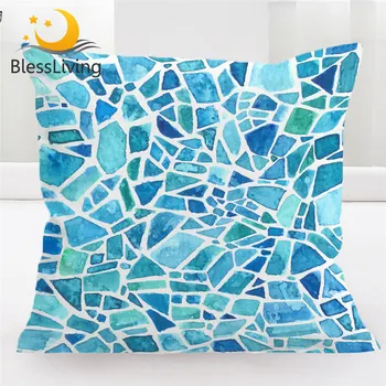 Чехол для подушки из голубого камня BlessLiving, Акварельная наволочка, геометрическая декоративная наволочка, Мозаичный декор для дома