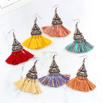 Этнические треугольные полые серьги с геометрическими кристаллами, разноцветные шелковые серьги-подвески с кисточками, женские украшения в богемном стиле в стиле ретро.