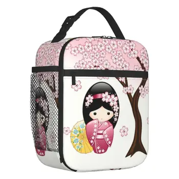 Японская весенняя кукла Кокеши, изолированная сумка для ланча, для пикника, Девчачья Сакура, Вишневый цвет, Портативный термоохладитель, Ланч-бокс для женщин