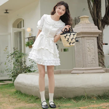 Японские Модели Уличной Одежды Для Женщин Rsvppap Officials Store 2023 Flower Princess Texture Battery Deer Is Rice White Shor Dress